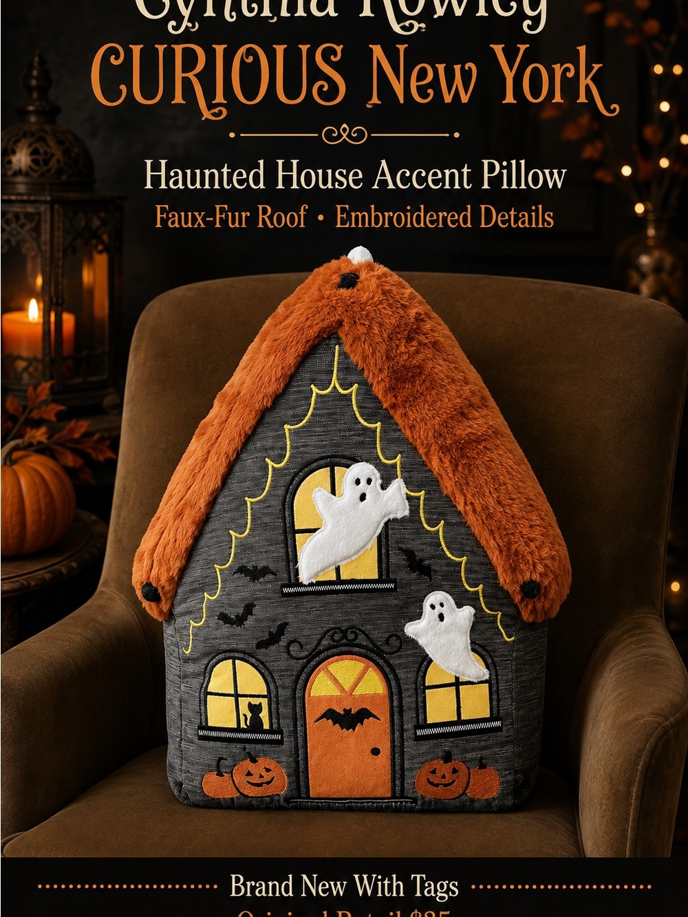 Cynthia Rowley Orange and Gray Haunted House Accent Pillow